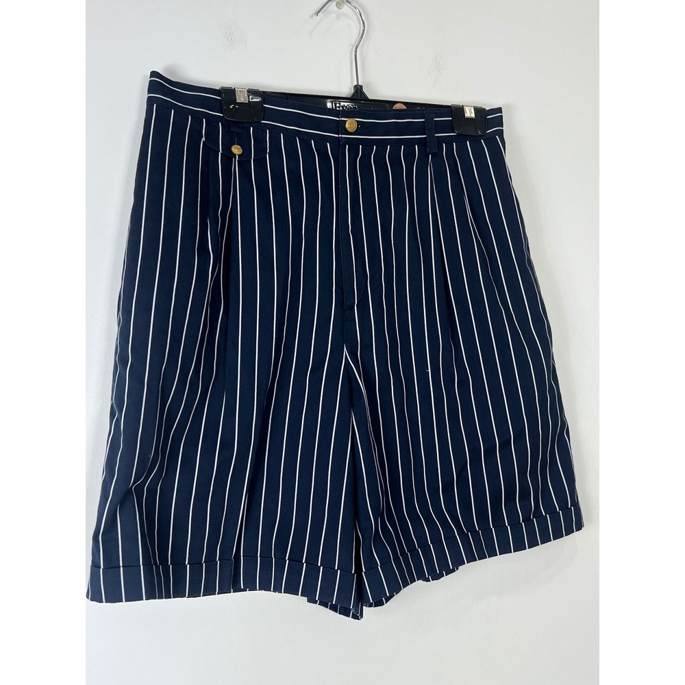 Lizsport Vintage Navy Pinstripe Cotton High Waist Pleated Shorts Gold Button 16